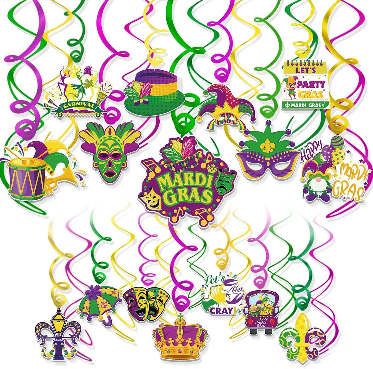 Mardi Gras Party Hanging Swirls Decorations, Mardi Gras Themed Foil Swirls for New Orleans Party Ceiling Decoration, Mardi Gras Swirls Streamer for Masquerade Party Supplies, 30pcs